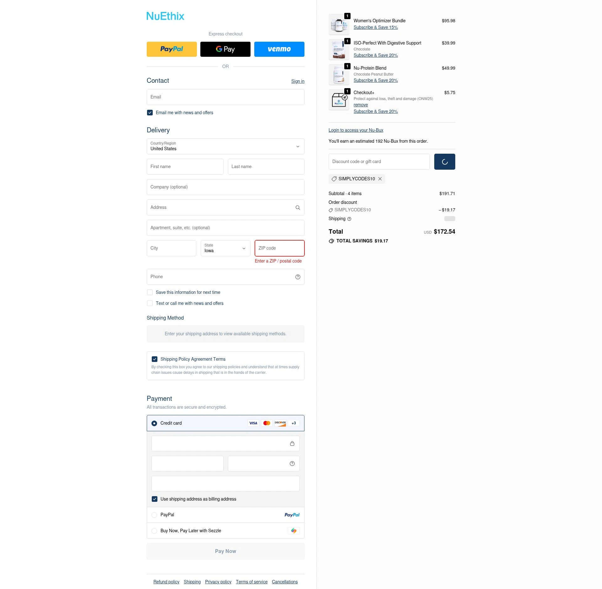 Nuethix checkout page showing Nuethix discount code box | Screenshot taken by SimplyCodes community member on Dec 31, 2025