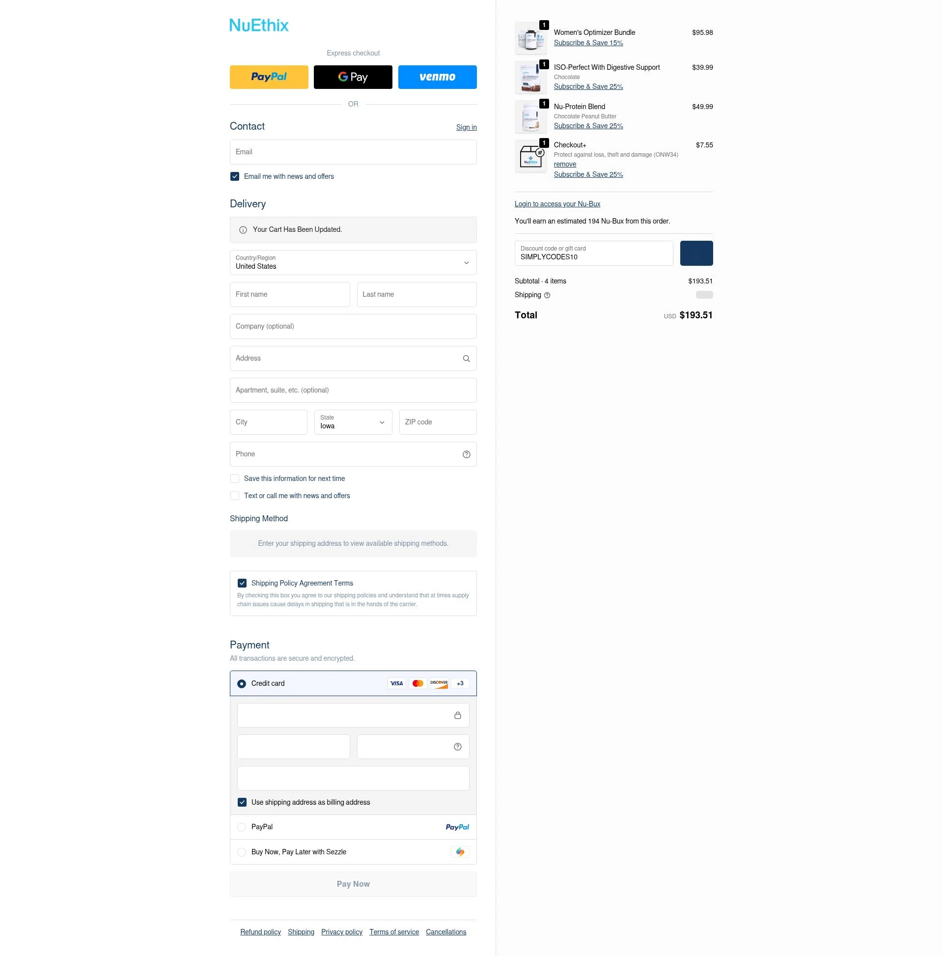 Nuethix checkout page showing Nuethix discount code box | Screenshot taken by SimplyCodes community member on Jan 5, 2026