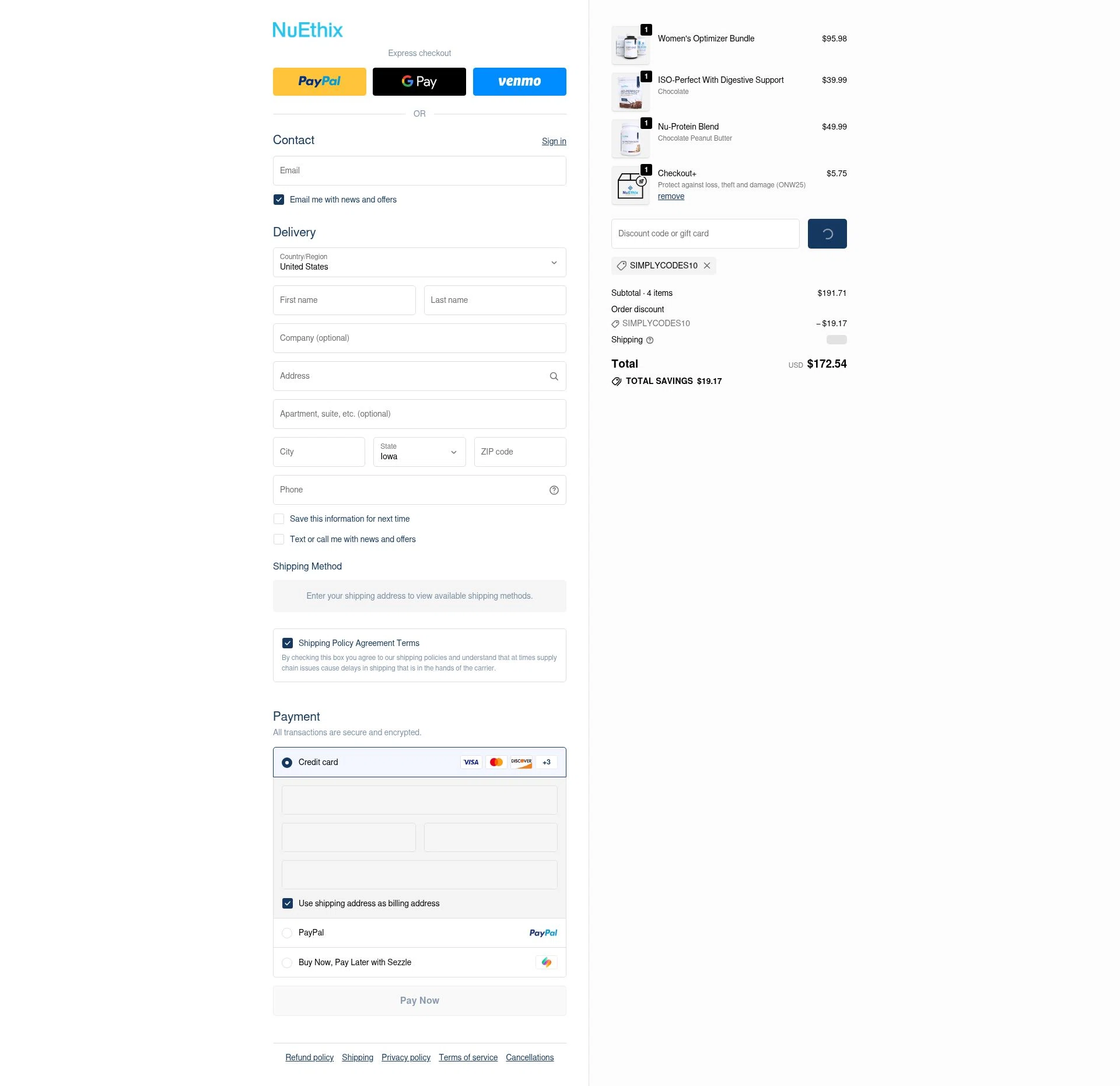 Nuethix checkout page showing Nuethix discount code box | Screenshot taken by SimplyCodes community member on Nov 18, 2025