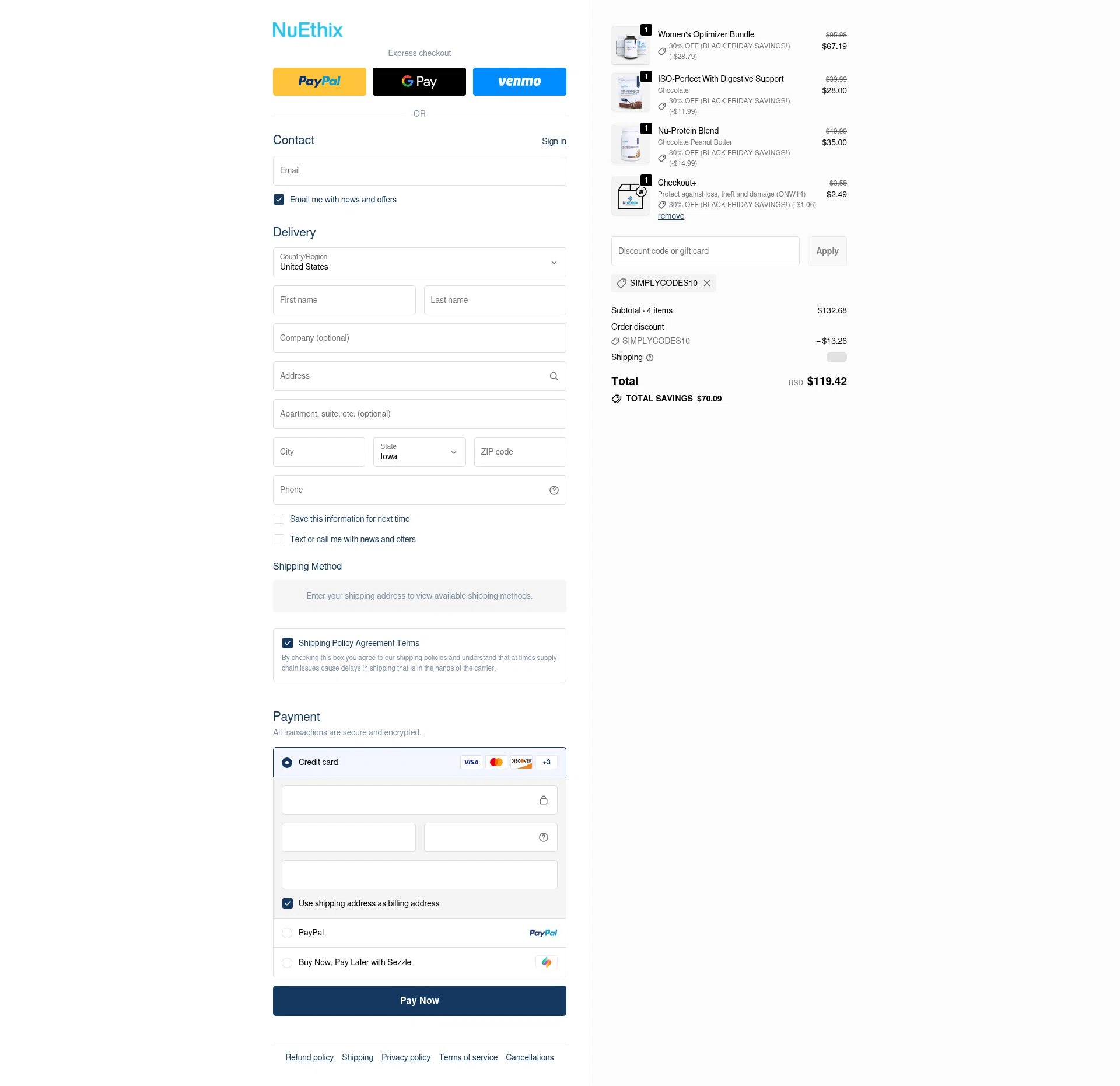 Nuethix checkout page showing Nuethix discount code box | Screenshot taken by SimplyCodes community member on Nov 28, 2025