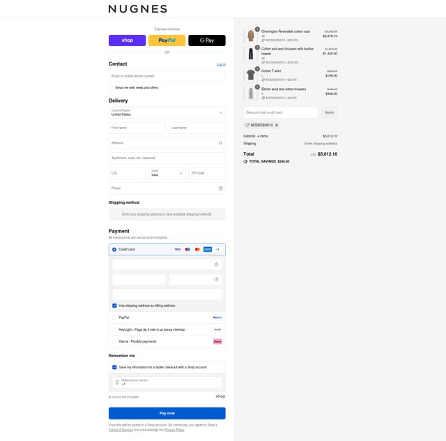 Nugnes 1920 checkout page showing Nugnes 1920 promo code box | Screenshot taken by SimplyCodes community member on Sep 8, 2025