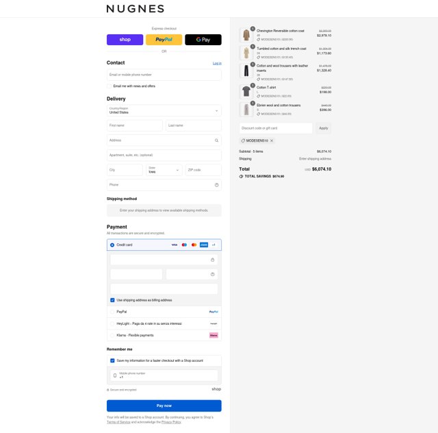 Nugnes 1920 checkout page showing Nugnes 1920 promo code box | Screenshot taken by SimplyCodes community member on Sep 4, 2025