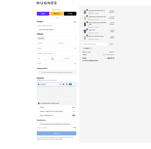 Nugnes 1920 checkout page showing Nugnes 1920 promo code box | Screenshot taken by SimplyCodes community member on Sep 4, 2025