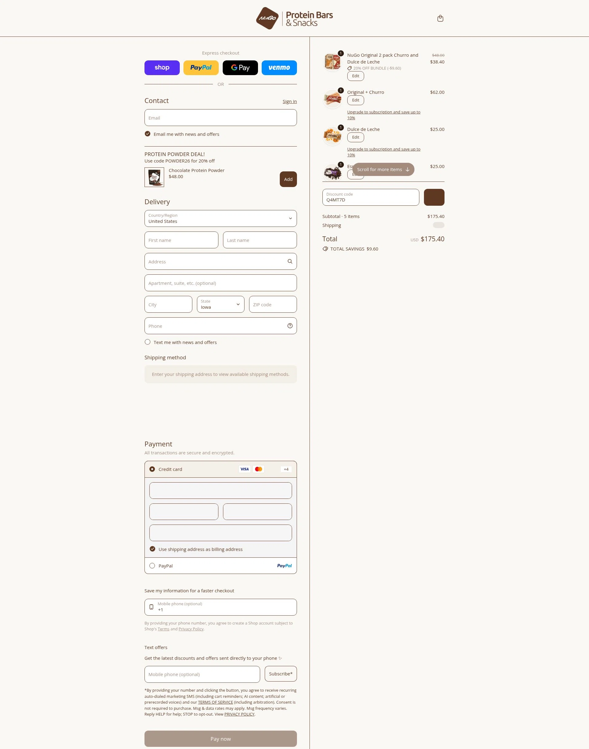 NuGo Nutrition Bars checkout page showing NuGo Nutrition Bars promo code box | Screenshot taken by SimplyCodes community member on Feb 6, 2026