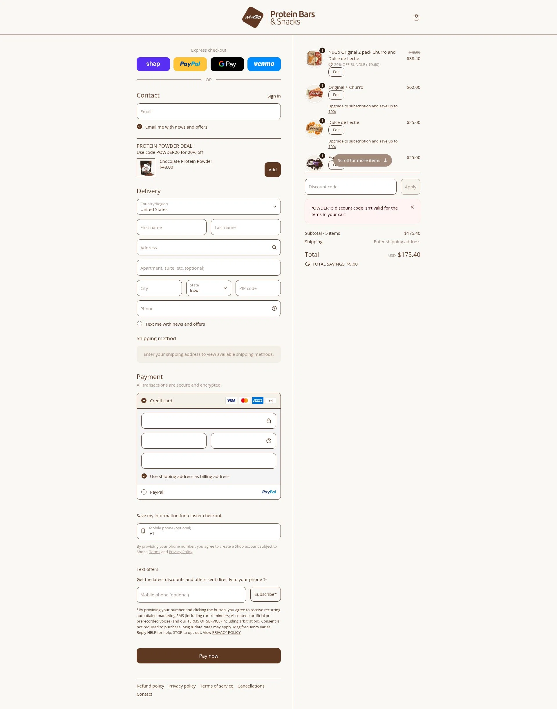 NuGo Nutrition Bars checkout page showing NuGo Nutrition Bars promo code box | Screenshot taken by SimplyCodes community member on Feb 6, 2026