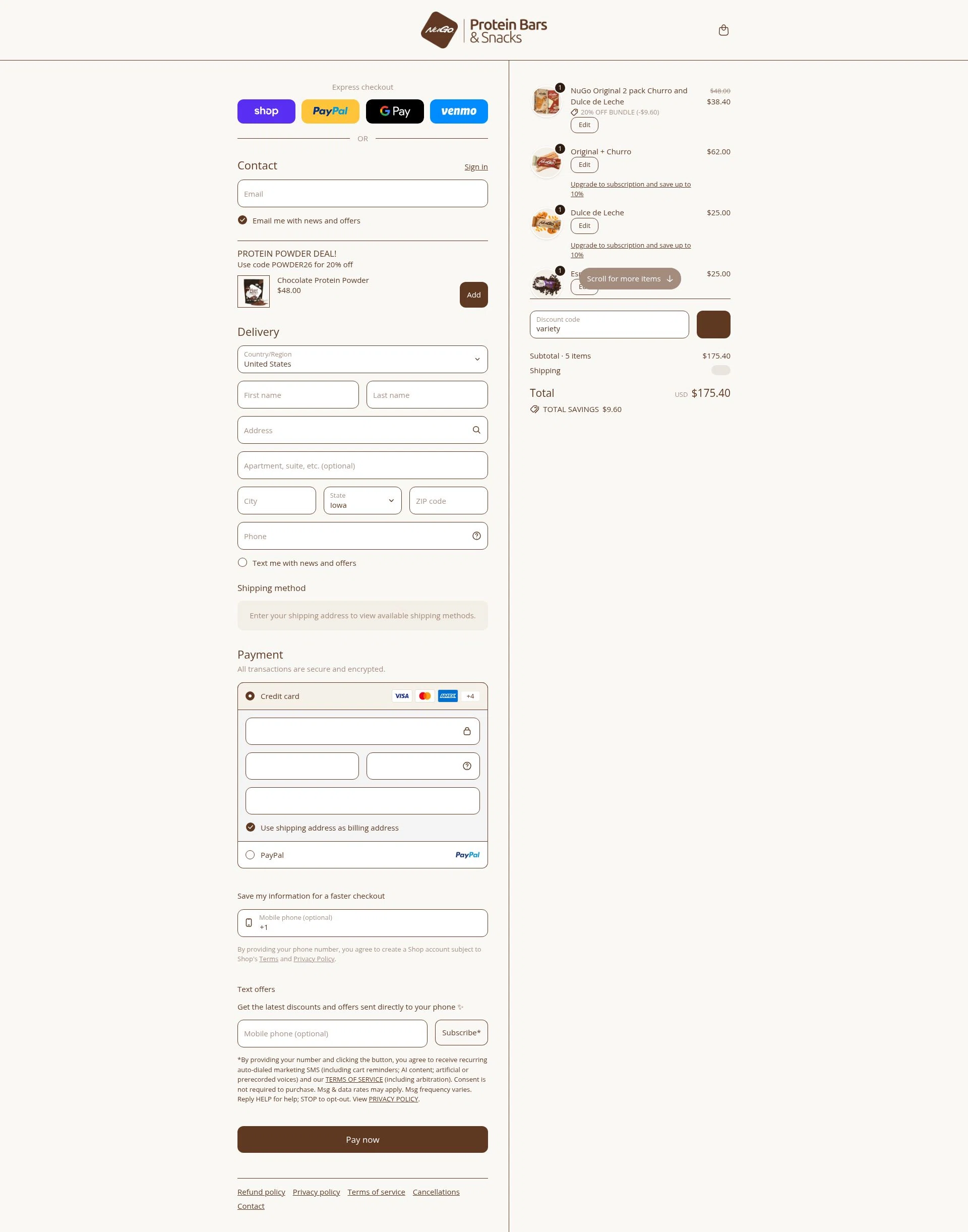 NuGo Nutrition Bars checkout page showing NuGo Nutrition Bars promo code box | Screenshot taken by SimplyCodes community member on Feb 6, 2026