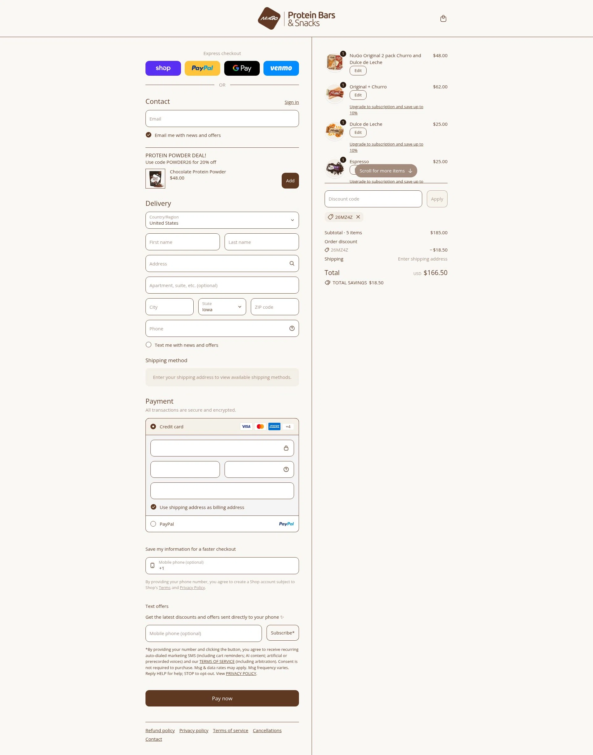 NuGo Nutrition Bars checkout page showing NuGo Nutrition Bars promo code box | Screenshot taken by SimplyCodes community member on Feb 6, 2026