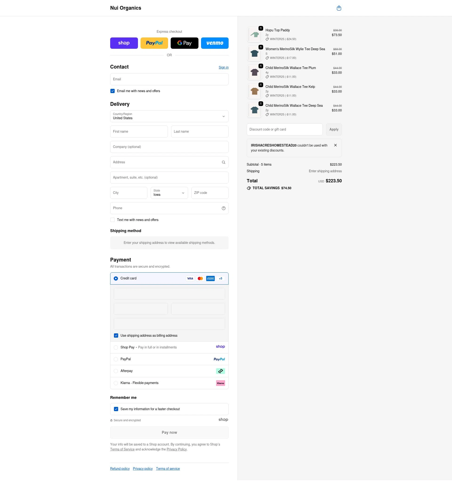 Nui Organics checkout page showing Nui Organics discount code box | Screenshot taken by SimplyCodes community member on Jan 2, 2026