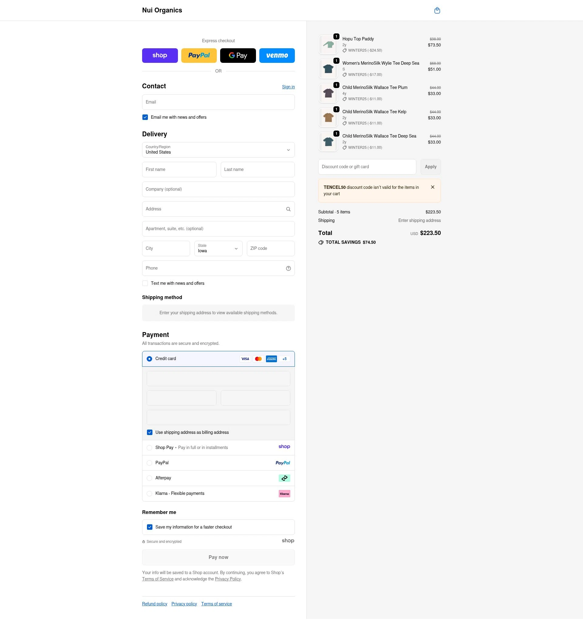 Nui Organics checkout page showing Nui Organics discount code box | Screenshot taken by SimplyCodes community member on Jan 2, 2026