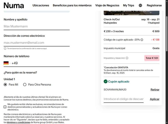 Numa Stays checkout page showing Numa Stays promo code box | Screenshot taken by SimplyCodes community member on Sep 4, 2025