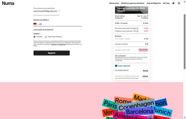Numa Stays checkout page showing Numa Stays promo code box | Screenshot taken by SimplyCodes community member on Sep 4, 2025