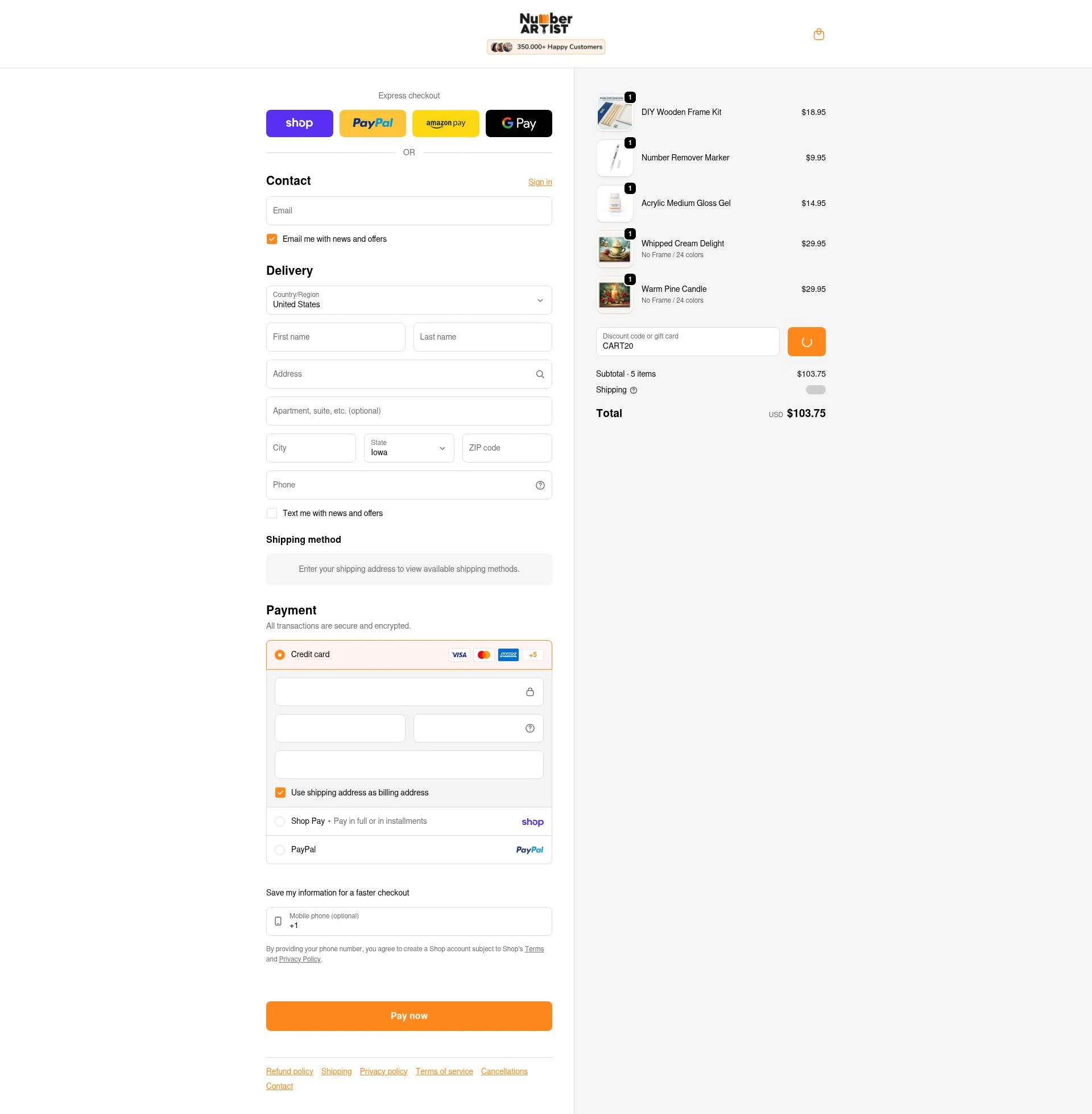 Number Artist checkout page showing Number Artist discount code box | Screenshot taken by SimplyCodes community member on Feb 1, 2026