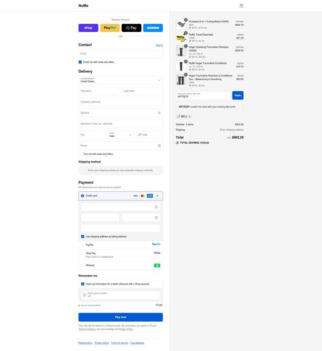NuMe Hair checkout page showing NuMe Hair promo code box | Screenshot taken by SimplyCodes community member on Sep 10, 2025