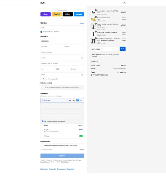 NuMe Hair checkout page showing NuMe Hair promo code box | Screenshot taken by SimplyCodes community member on Sep 10, 2025