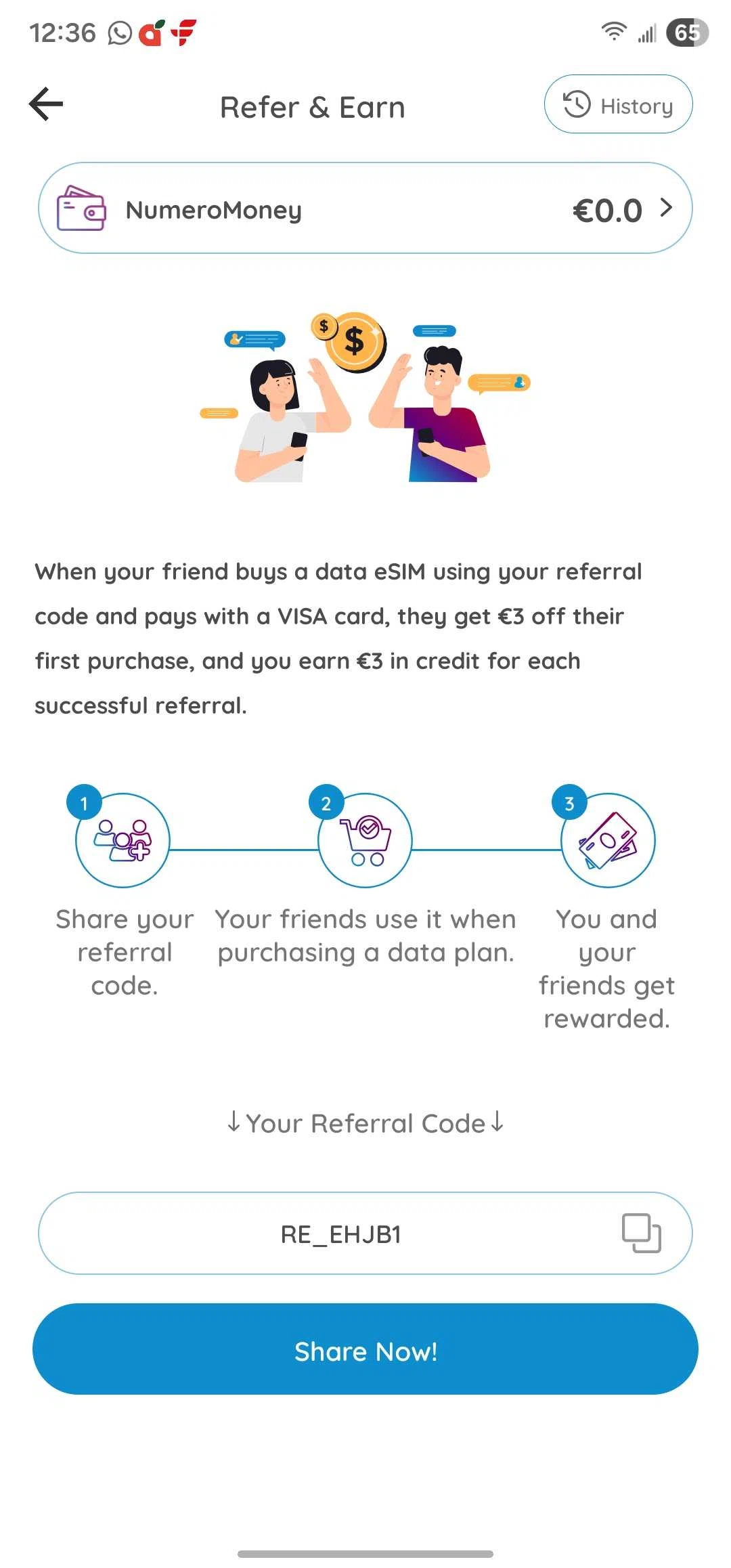 Numero eSIM promo code screenshot showing code RE_EHJB1 applied at Numero eSIM checkout page. Uploaded by SimplyCodes community member wshamieh on Feb 7, 2026