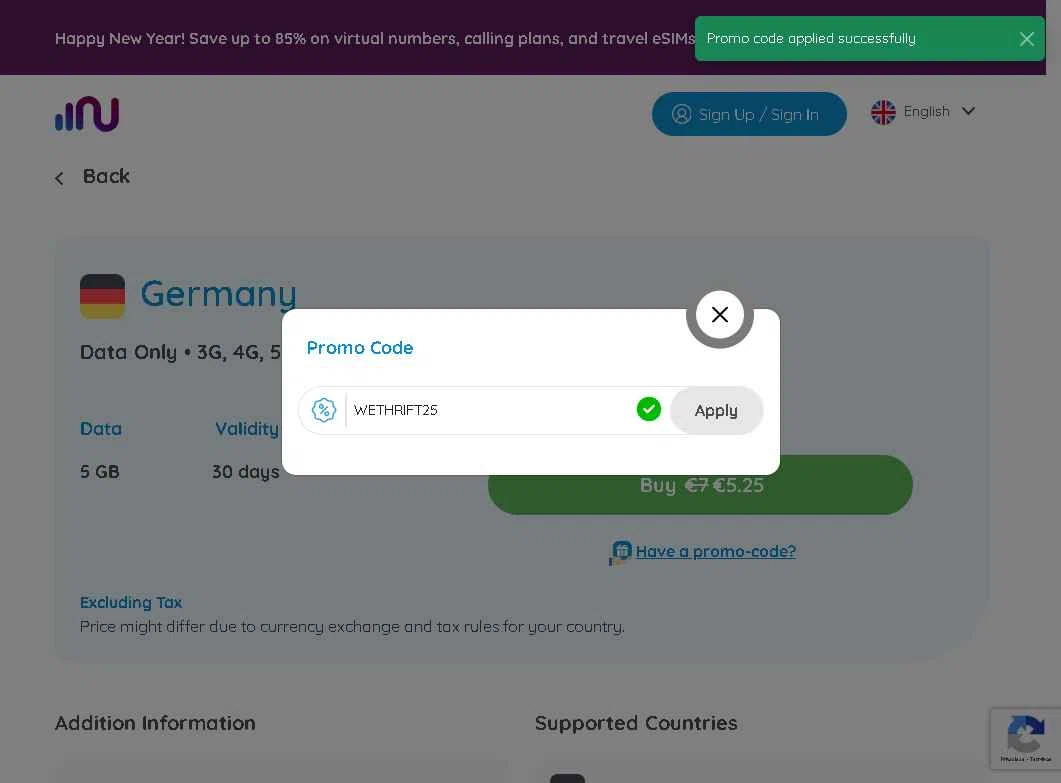 Numero eSIM checkout page showing Numero eSIM promo code box | Screenshot taken by SimplyCodes community member on Dec 27, 2025