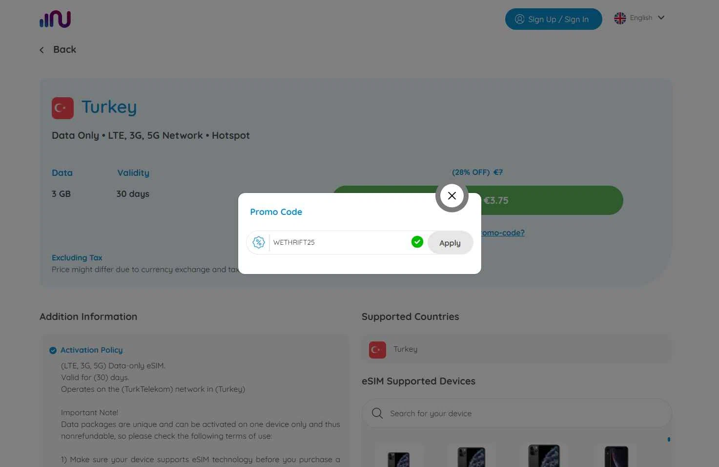 Numero eSIM checkout page showing Numero eSIM promo code box | Screenshot taken by SimplyCodes community member on Dec 17, 2025