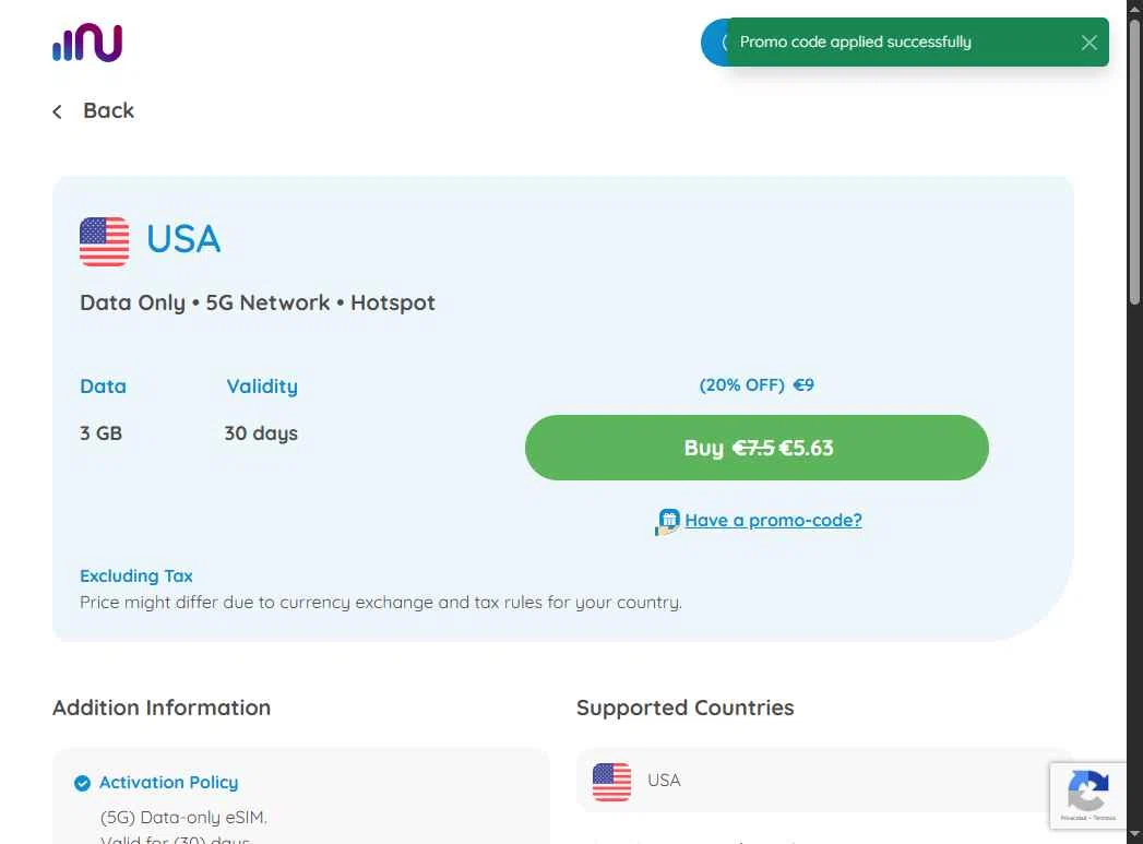 Numero eSIM checkout page showing Numero eSIM promo code box | Screenshot taken by SimplyCodes community member on Dec 4, 2025