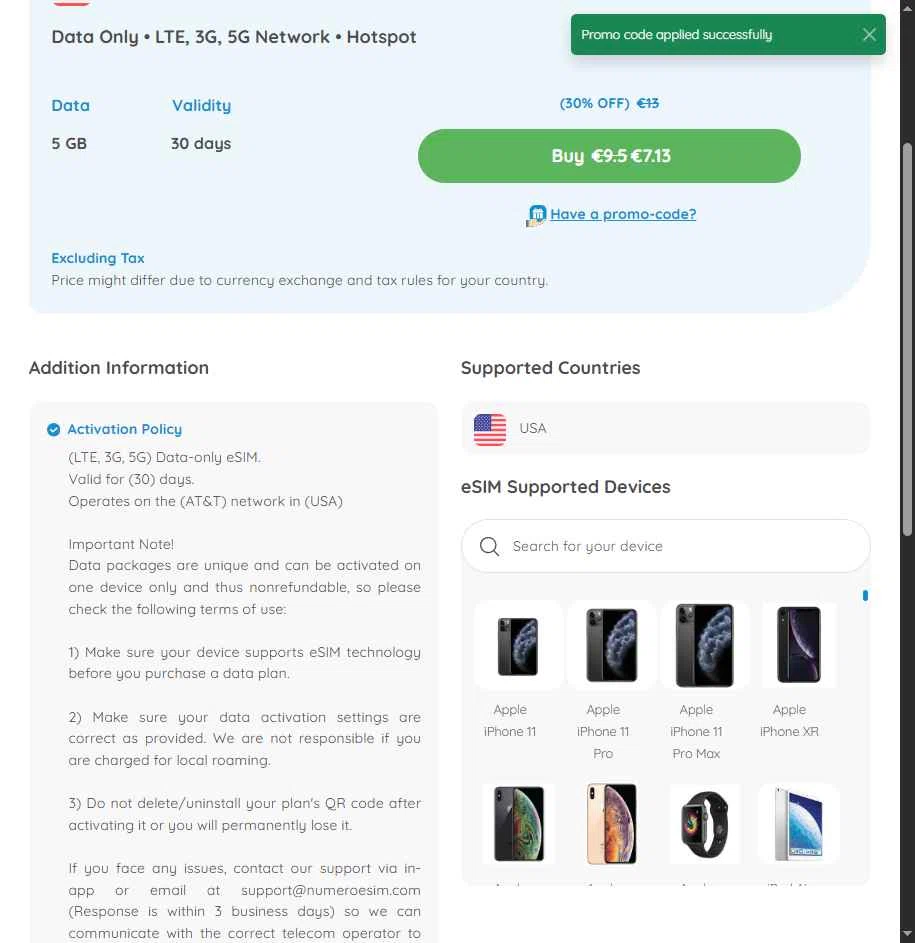 Numero eSIM checkout page showing Numero eSIM promo code box | Screenshot taken by SimplyCodes community member on Nov 28, 2025