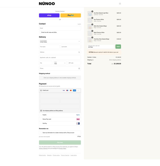 Núnoo checkout page showing Núnoo promo code box | Screenshot taken by SimplyCodes community member on Sep 2, 2025