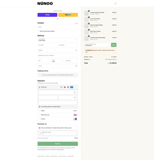 Núnoo checkout page showing Núnoo promo code box | Screenshot taken by SimplyCodes community member on Sep 2, 2025