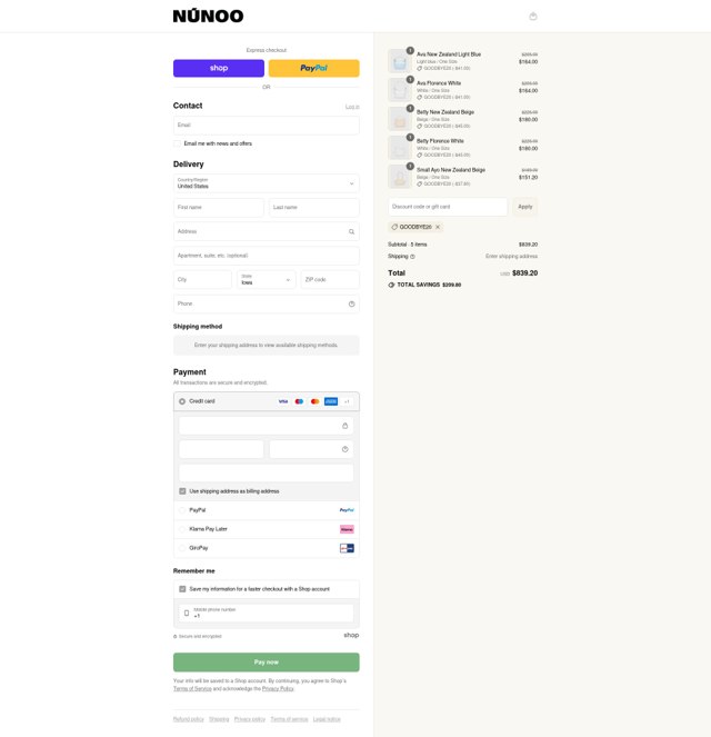 Núnoo checkout page showing Núnoo promo code box | Screenshot taken by SimplyCodes community member on Sep 2, 2025
