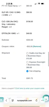 NURA Peptides coupon verification screenshot