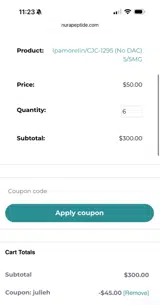 NURA Peptides coupon verification screenshot