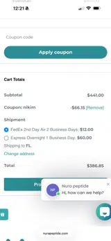 NURA Peptides coupon verification screenshot
