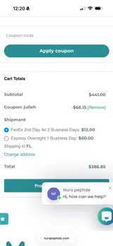 NURA Peptides coupon verification screenshot