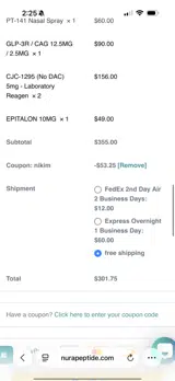 NURA Peptides coupon verification screenshot