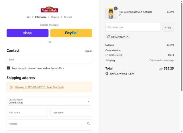 Nurish by Nature Made checkout page showing Nurish by Nature Made promo code box | Screenshot taken by SimplyCodes community member on Sep 16, 2025