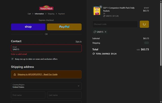 Nurish by Nature Made checkout page showing Nurish by Nature Made promo code box | Screenshot taken by SimplyCodes community member on Sep 16, 2025