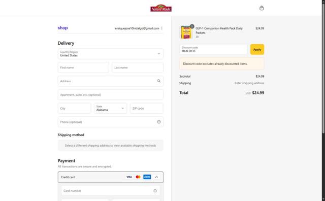 Nurish by Nature Made checkout page showing Nurish by Nature Made promo code box | Screenshot taken by SimplyCodes community member on Sep 16, 2025