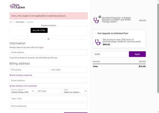NurseCe4Less checkout page showing NurseCe4Less promo code box | Screenshot taken by SimplyCodes community member on Jul 27, 2025