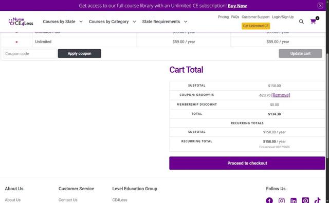 NurseCe4Less checkout page showing NurseCe4Less promo code box | Screenshot taken by SimplyCodes community member on Aug 17, 2025