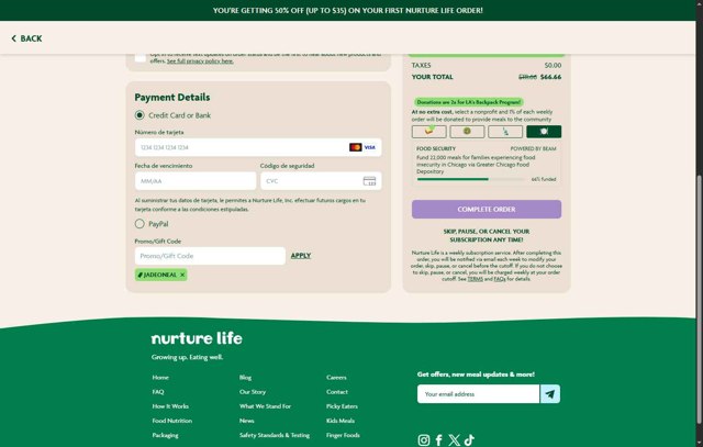 NurtureLife checkout page showing NurtureLife promo code box | Screenshot taken by SimplyCodes community member on Aug 18, 2025