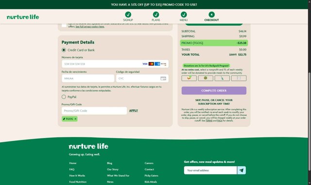 NurtureLife checkout page showing NurtureLife promo code box | Screenshot taken by SimplyCodes community member on Aug 15, 2025
