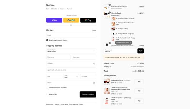 Nushape checkout page showing Nushape discount code box | Screenshot taken by SimplyCodes community member on Sep 11, 2025