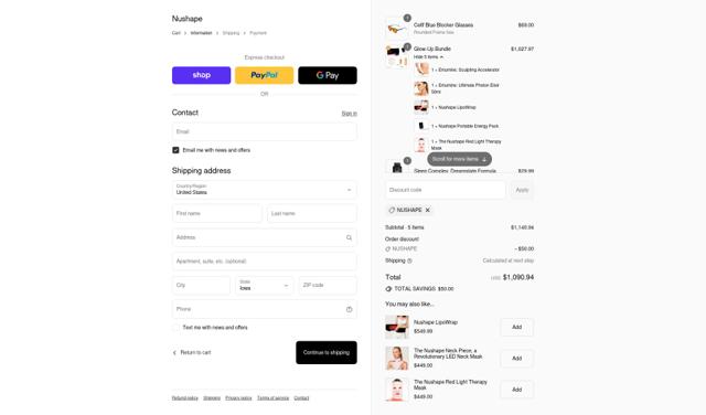 Nushape checkout page showing Nushape discount code box | Screenshot taken by SimplyCodes community member on Sep 11, 2025