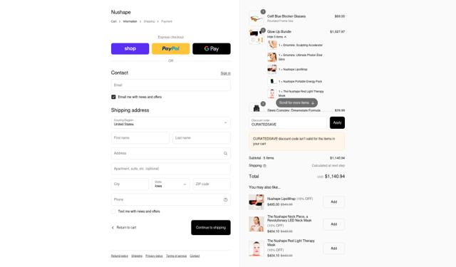 Nushape checkout page showing Nushape discount code box | Screenshot taken by SimplyCodes community member on Sep 11, 2025