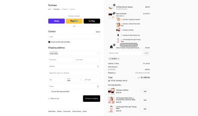 Nushape checkout page showing Nushape discount code box | Screenshot taken by SimplyCodes community member on Sep 11, 2025
