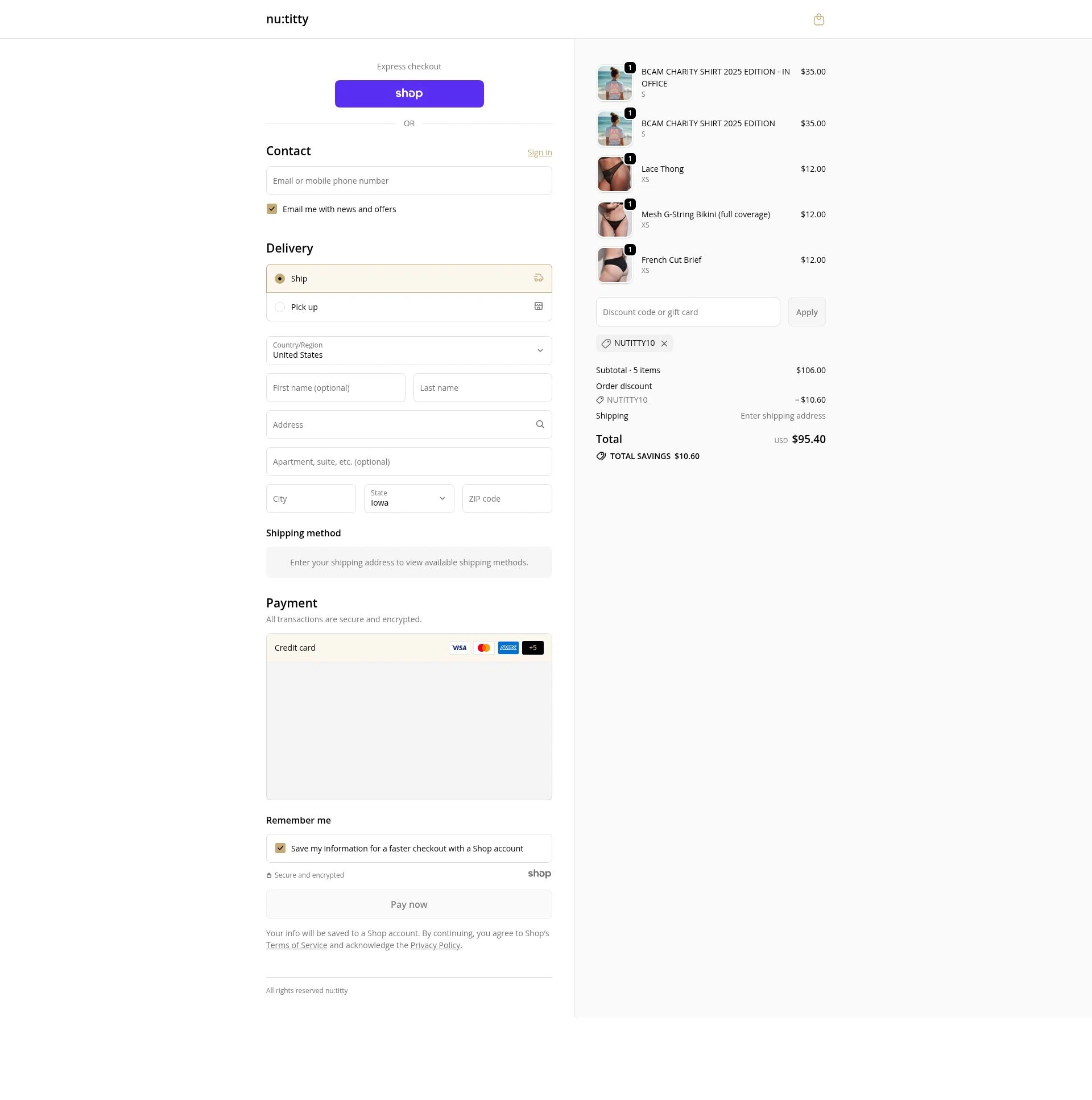 nu:titty checkout page showing nu:titty promo code box | Screenshot taken by SimplyCodes community member on Dec 3, 2025