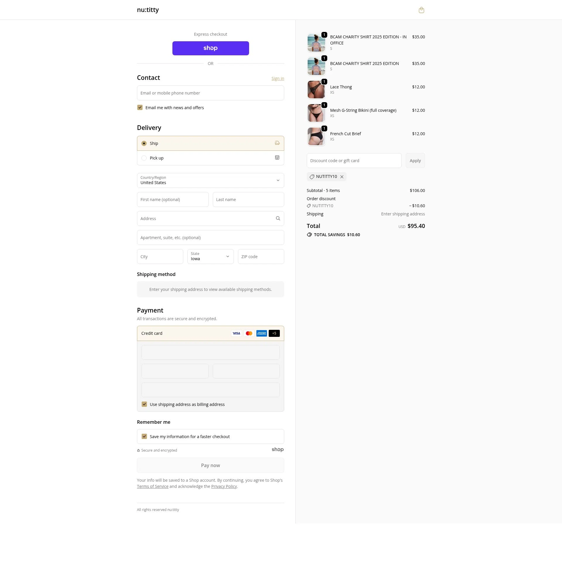 nu:titty checkout page showing nu:titty promo code box | Screenshot taken by SimplyCodes community member on Dec 14, 2025