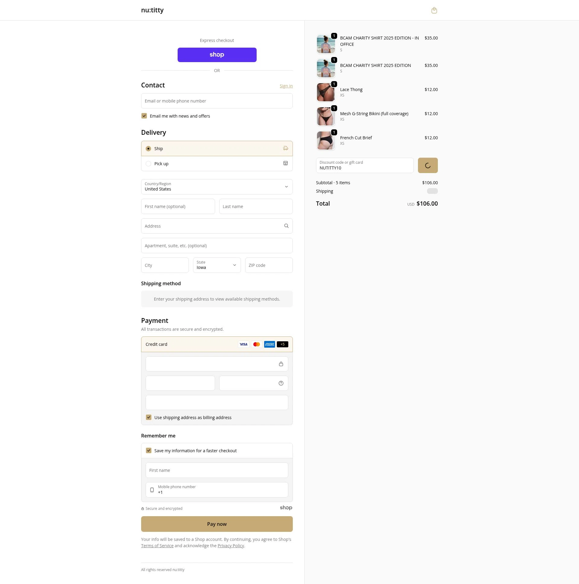 nu:titty checkout page showing nu:titty promo code box | Screenshot taken by SimplyCodes community member on Dec 31, 2025