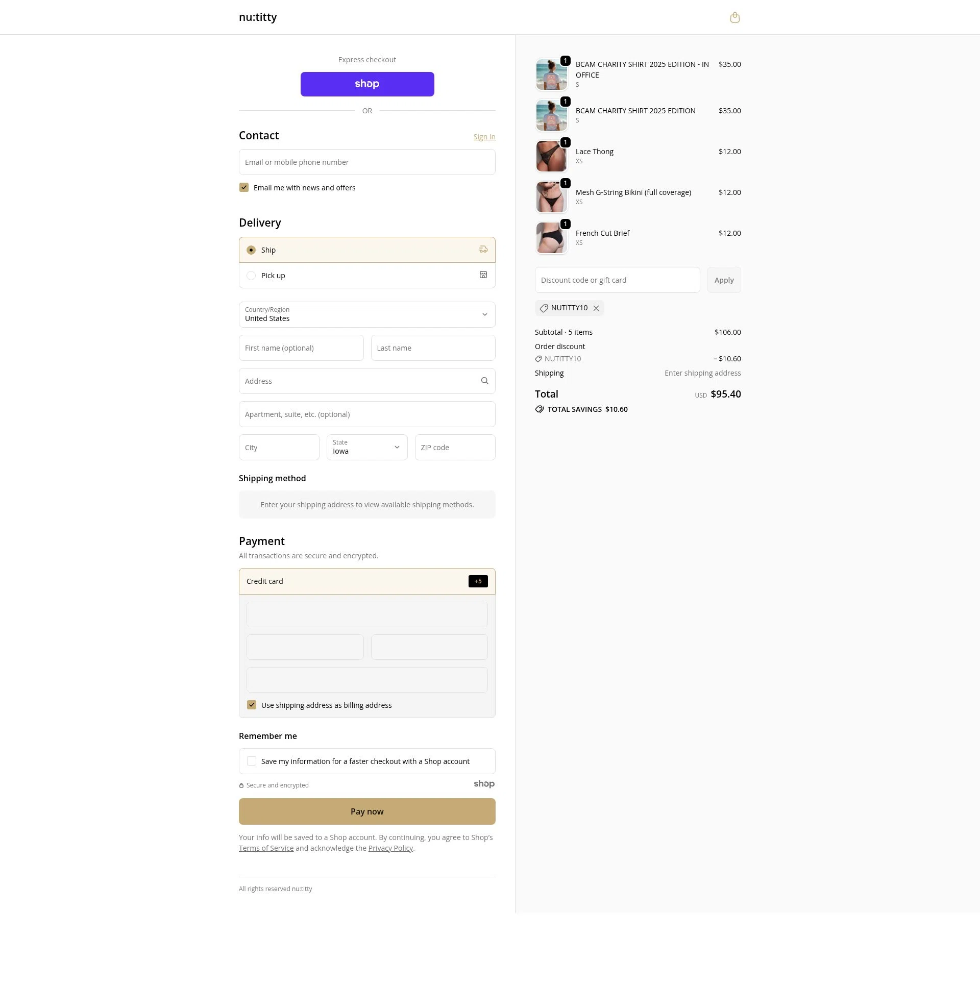 nu:titty checkout page showing nu:titty promo code box | Screenshot taken by SimplyCodes community member on Nov 12, 2025