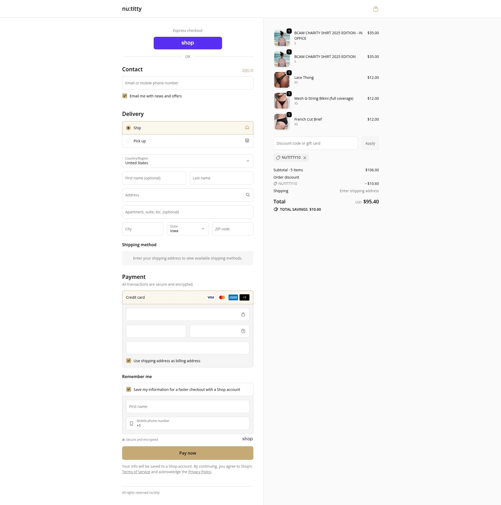 nu:titty checkout page showing nu:titty promo code box | Screenshot taken by SimplyCodes community member on Nov 27, 2025