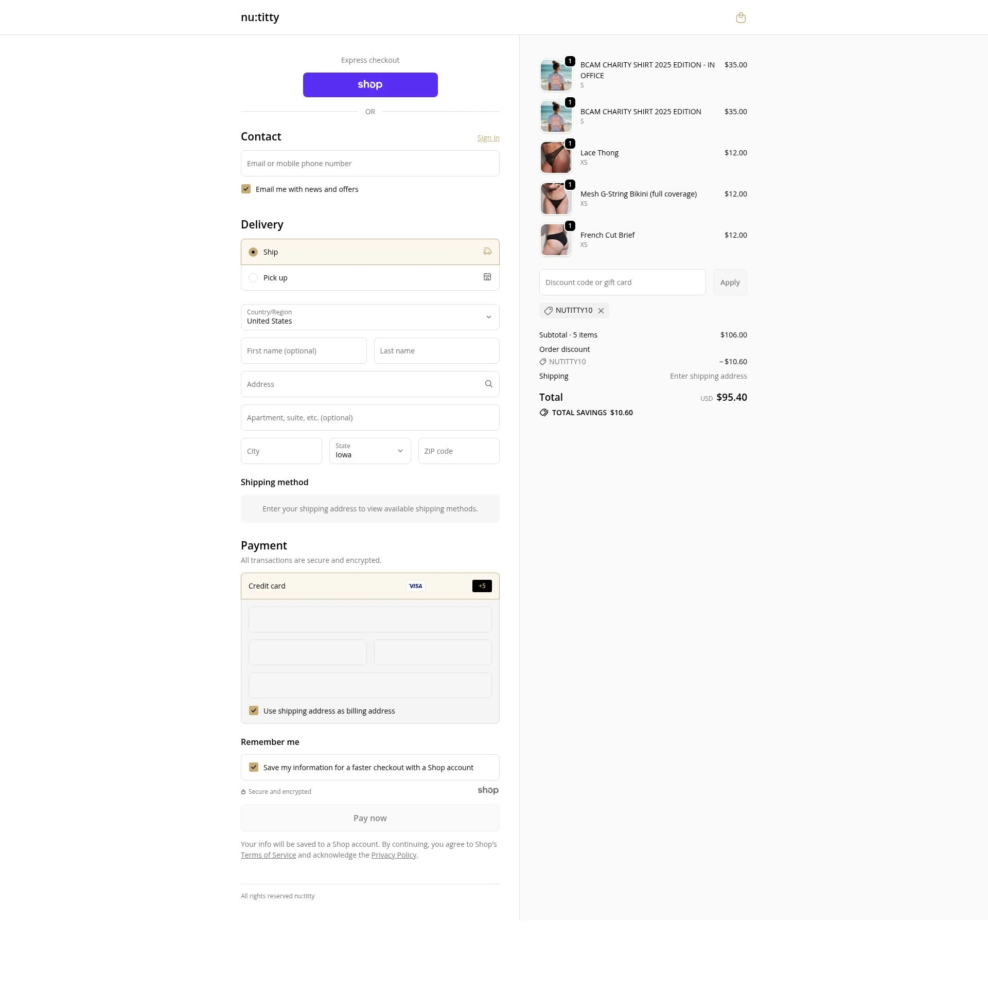 nu:titty checkout page showing nu:titty promo code box | Screenshot taken by SimplyCodes community member on Nov 17, 2025