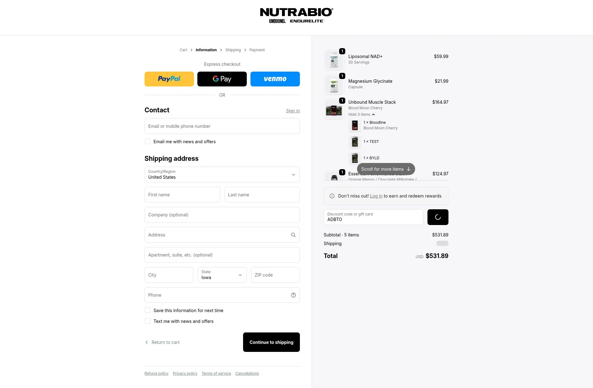 NutraBio checkout page showing NutraBio discount code box | Screenshot taken by SimplyCodes community member on Feb 6, 2026