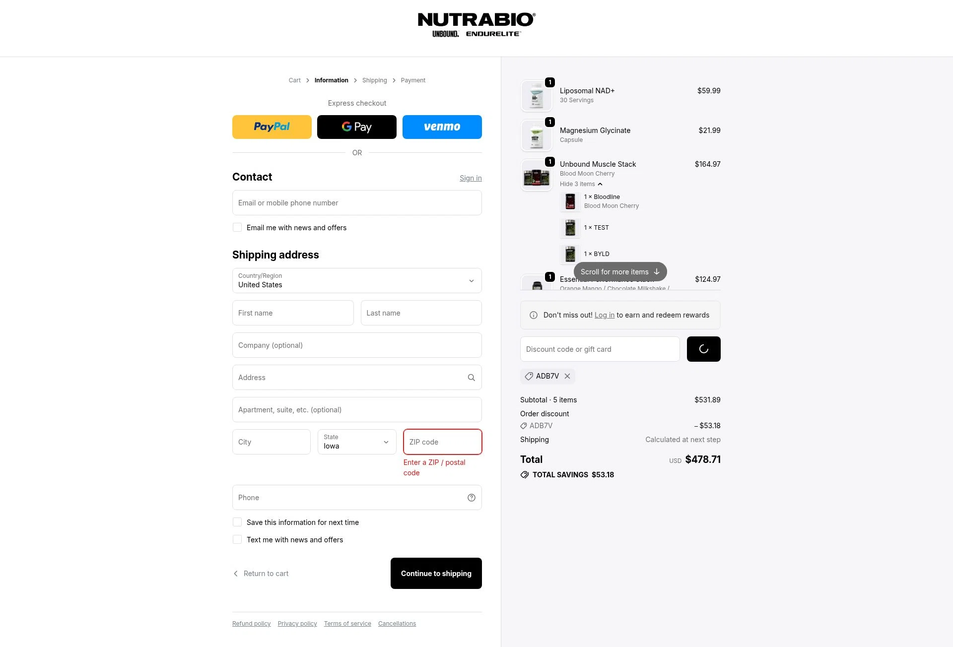 NutraBio checkout page showing NutraBio discount code box | Screenshot taken by SimplyCodes community member on Feb 6, 2026
